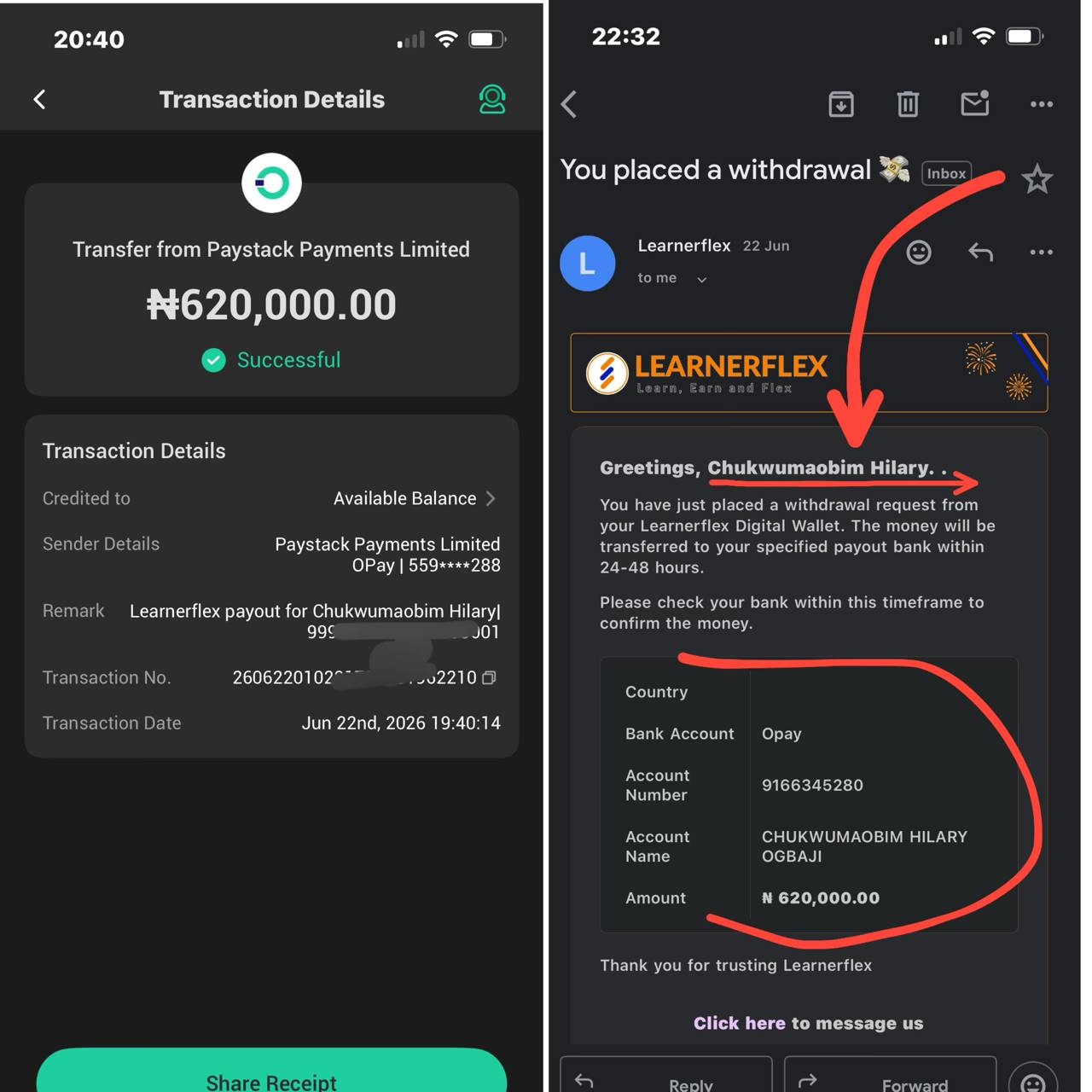 Paystack and Learnerflex Settlement Receipts