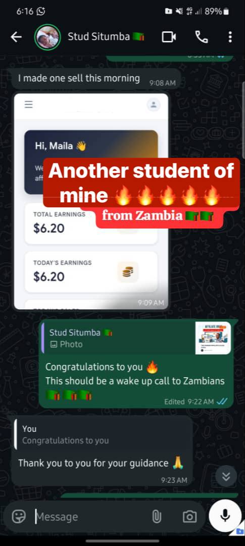 Zambian Student Sales Commission Success Screenshot Proof
